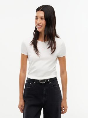 white picot trim slim t-shirt for women tommy jeans