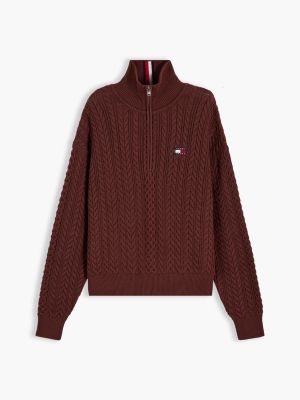 brown tommy badge cable knit oversized jumper for women tommy jeans