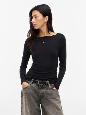 black side button boat neck long sleeve t-shirt for women tommy jeans
