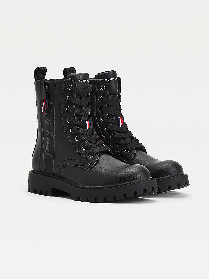 black signature logo cleat lace-up boots for girls tommy hilfiger