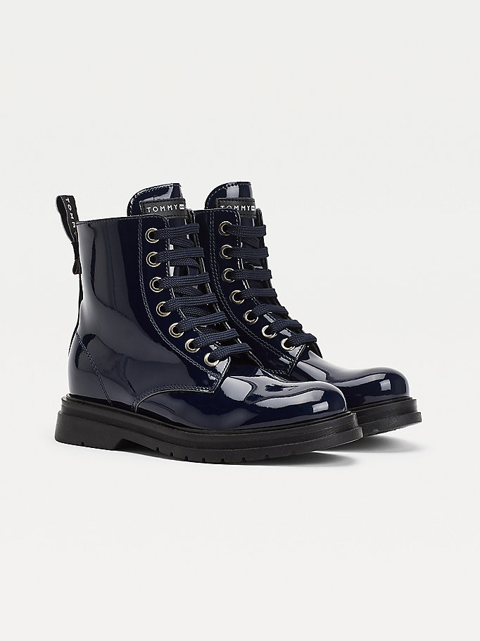 blue shiny cleat lace-up boots for girls tommy hilfiger