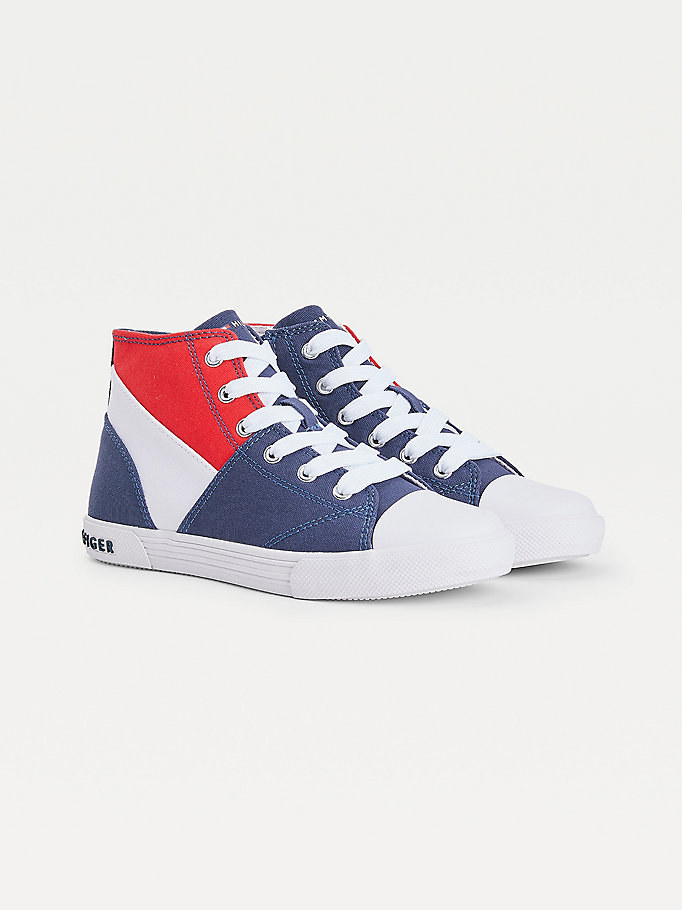 blue colour-blocked recycled cotton canvas high-top trainers for kids unisex tommy hilfiger