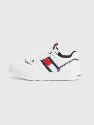 Low-Top Lace-Up Flag Trainers, White