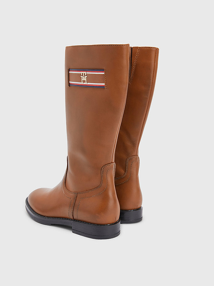 brown leather monogram plaque boots for girls tommy hilfiger