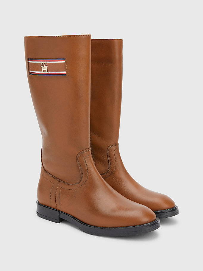brown leather monogram plaque boots for girls tommy hilfiger