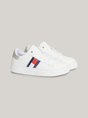 Low-Top Lace-Up Flag Trainers, White