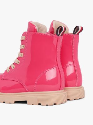 Patent Lace Up Biker Boots Pink Tommy Hilfiger