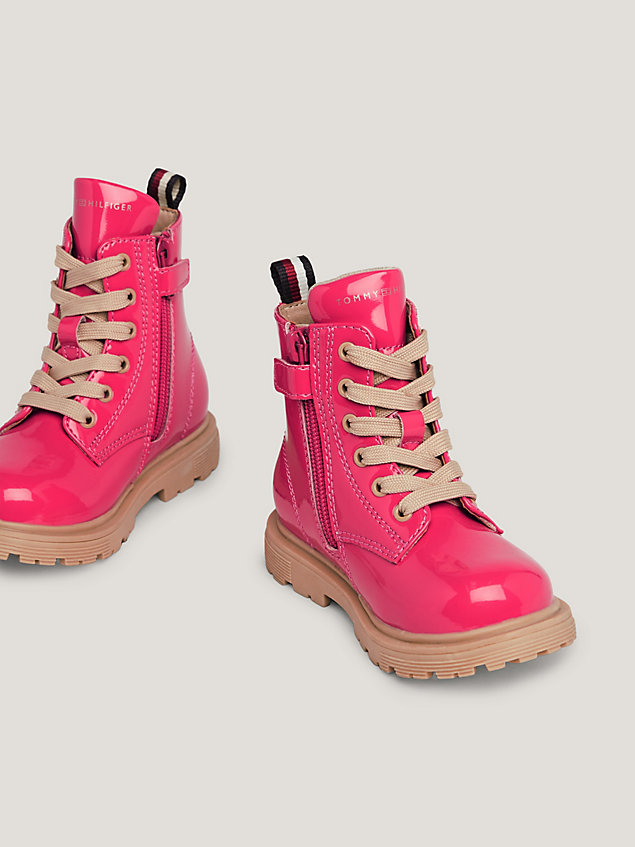 pink patent lace-up biker boots for girls tommy hilfiger