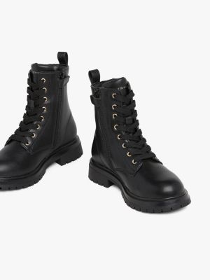 black tonal lace-up cleat biker boots for girls tommy hilfiger