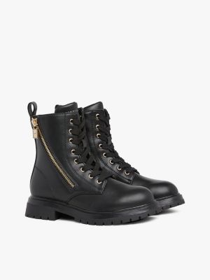 Black flat tie up boots deals