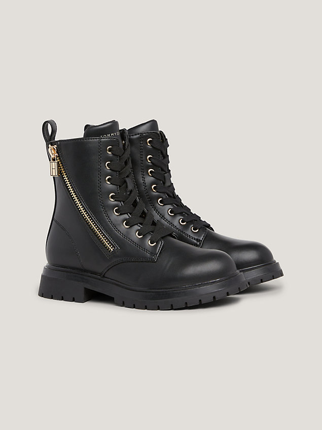 black tonal lace-up cleat biker boots for girls tommy hilfiger
