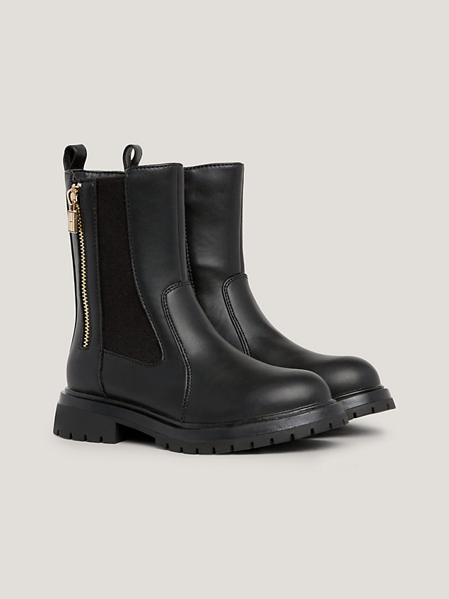 black zip-up cleat chelsea boots for girls tommy hilfiger