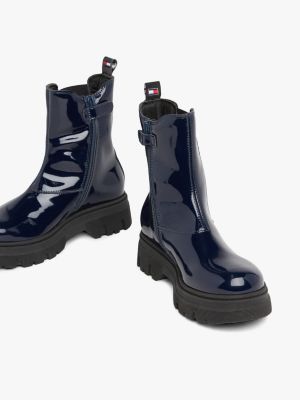 Navy blue patent store leather boots