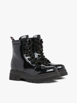 schwarz schnürstiefel mit lack-finish und glitzer für mädchen - tommy hilfiger