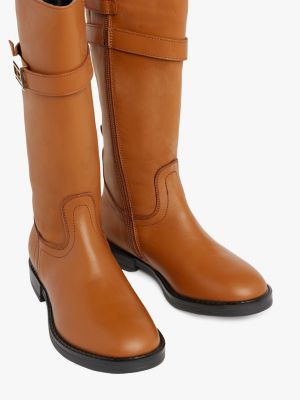 Leather Knee High Buckle Boots Brown Tommy Hilfiger