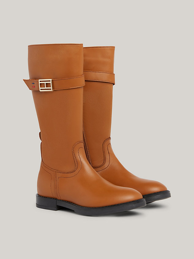 brown leather knee-high buckle boots for girls tommy hilfiger