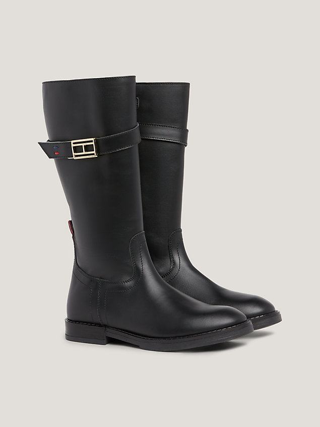 black leather knee-high buckle boots for girls tommy hilfiger