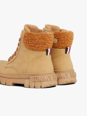 brown teddy fleece lace-up cleat mid boots for girls tommy hilfiger