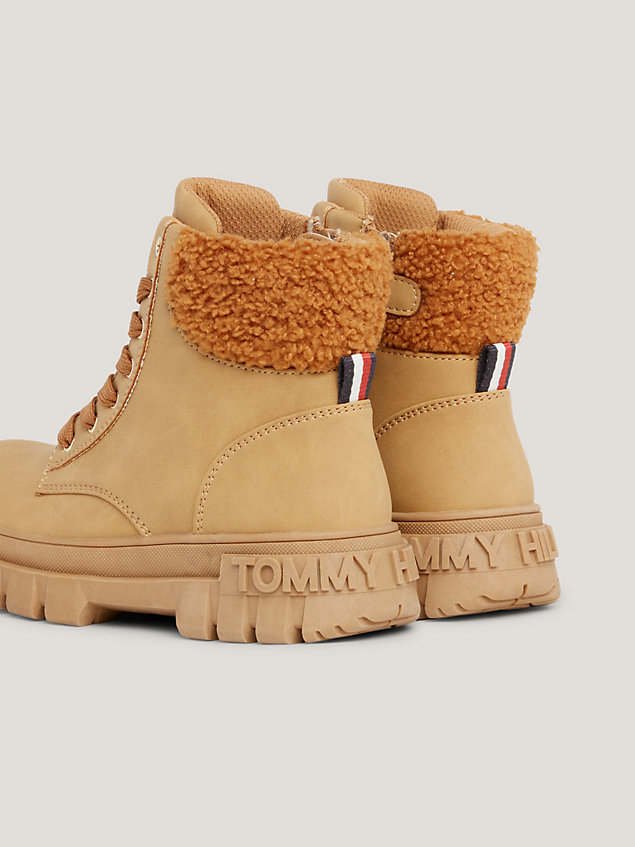 brown teddy fleece lace-up cleat mid boots for girls tommy hilfiger