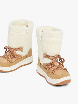 beige teddy fleece lace-up snow boots for girls tommy hilfiger