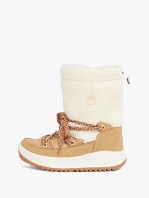 beige lace-up schneestiefel mit teddy-fleece für mädchen - tommy hilfiger