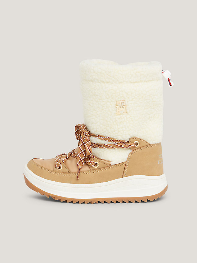beige teddy fleece lace-up snow boots for girls tommy hilfiger