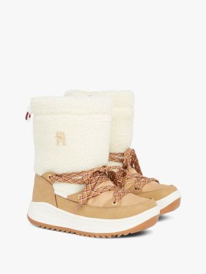 beige lace-up schneestiefel mit teddy-fleece für mädchen - tommy hilfiger