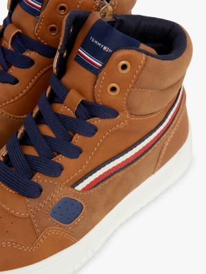 brown gender inclusive high-top trainers for kids unisex tommy hilfiger