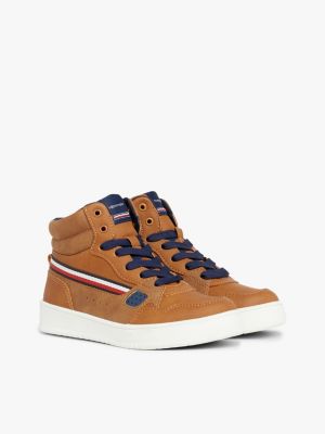 brown gender inclusive high-top trainers for kids unisex tommy hilfiger