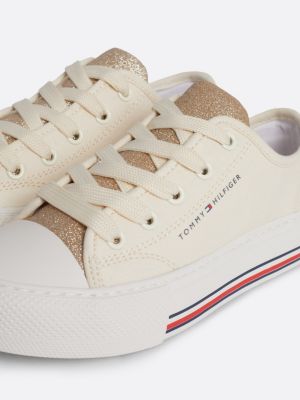 beige lace-up sneaker aus canvas mit glitzer-finish für mädchen - tommy hilfiger