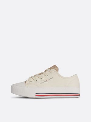 beige lace-up sneaker aus canvas mit glitzer-finish für mädchen - tommy hilfiger