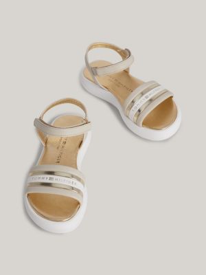 sandalias con cierre de velcro y logo beige de niñas tommy hilfiger