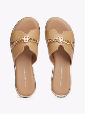 TH Monogram Chain Flat Slides Beige Tommy Hilfiger