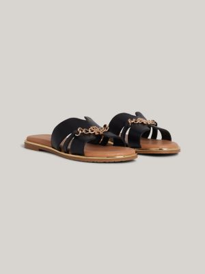 sandalias planas con cadena y monograma th black de niñas tommy hilfiger