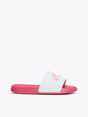 white curved logo print pool slides for girls tommy hilfiger