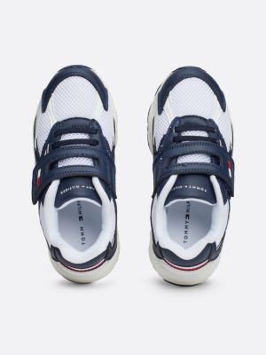 blue mesh colour-blocked hook and loop trainers for boys tommy hilfiger