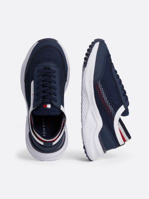 blauw mesh sneaker met veters en signature-tape voor jongens - tommy hilfiger