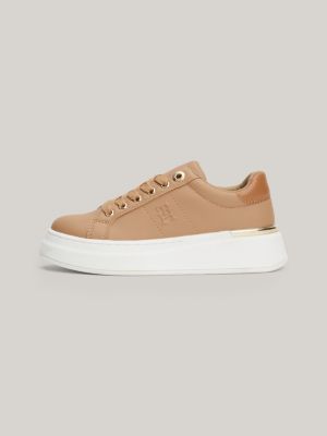 beige lace-up sneaker mit th-monogramm für mädchen - tommy hilfiger