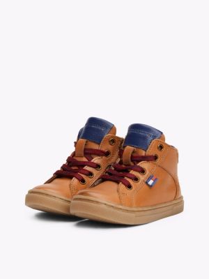 brown leather high-top trainers for kids gender inclusive tommy hilfiger