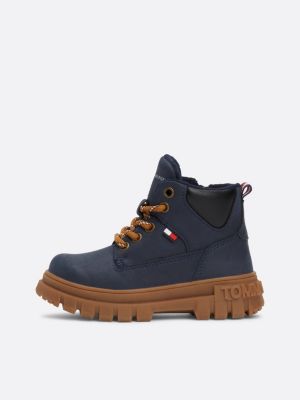 blue chunky cleat lace-up ankle boots for kids gender inclusive tommy hilfiger