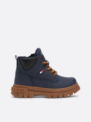 blue chunky cleat lace-up ankle boots for kids gender inclusive tommy hilfiger