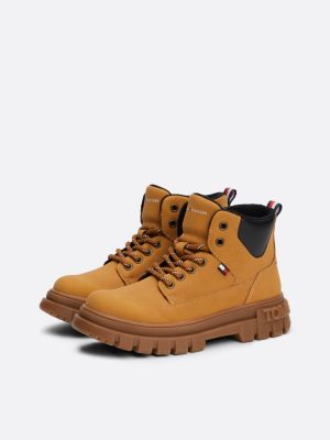 yellow chunky cleat lace-up ankle boots for kids gender inclusive tommy hilfiger