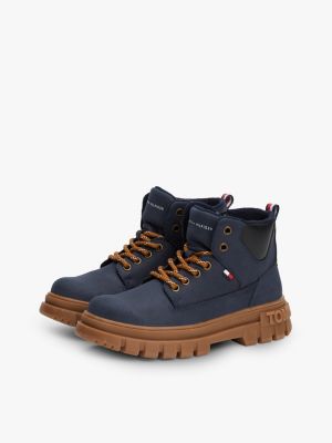 blue chunky cleat lace-up ankle boots for kids gender inclusive tommy hilfiger