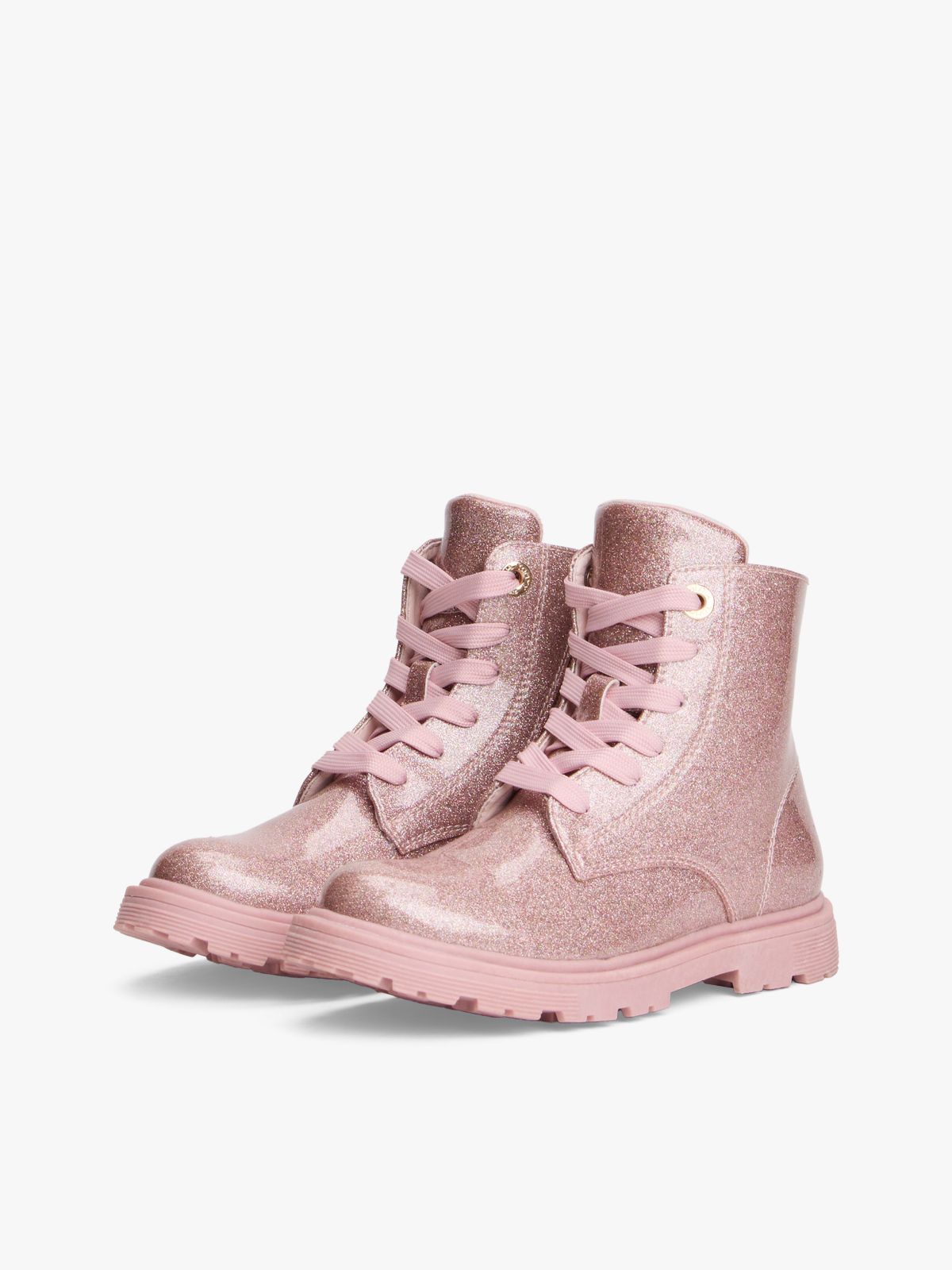 Patent Cleat Lace-Up Ankle Boots — Pink