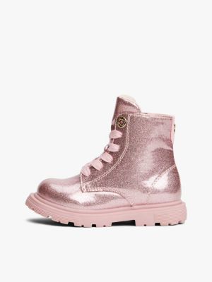 pink patent cleat lace-up ankle boots for girls tommy hilfiger