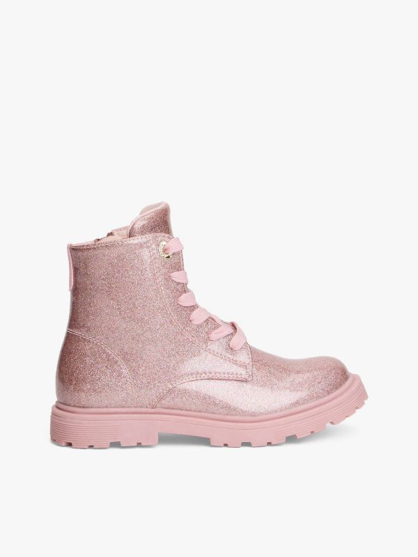 Patent Cleat Lace-Up Ankle Boots — Pink
