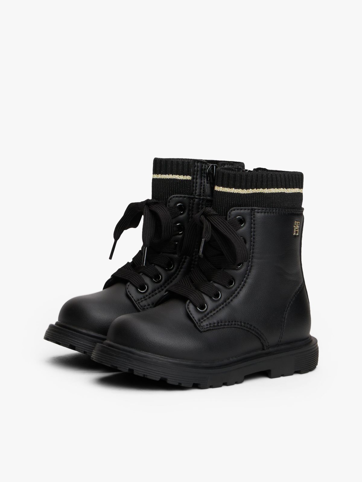 Knit Cuff Cleat Ankle Boots — Black