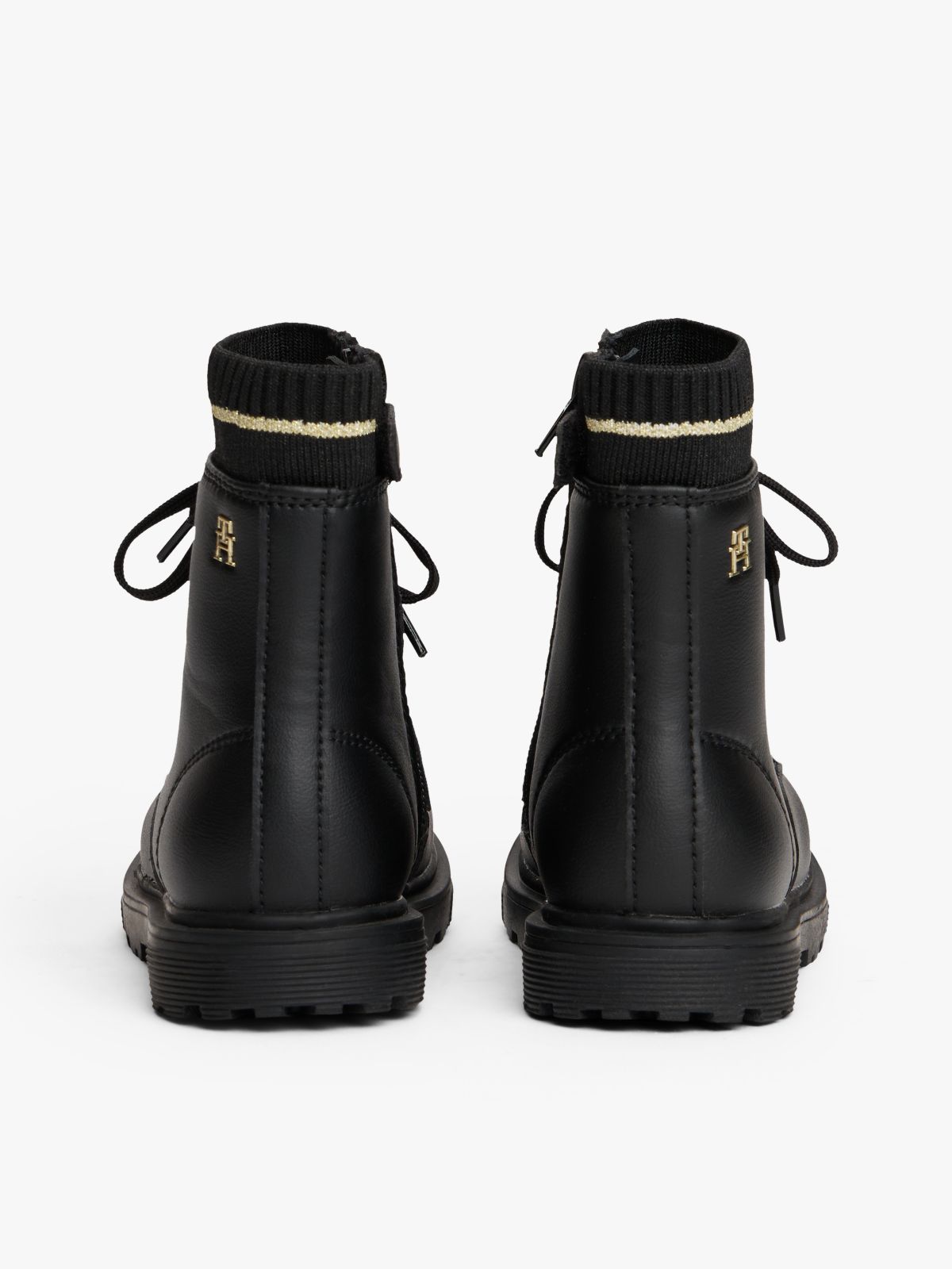 Knit Cuff Cleat Ankle Boots — Black
