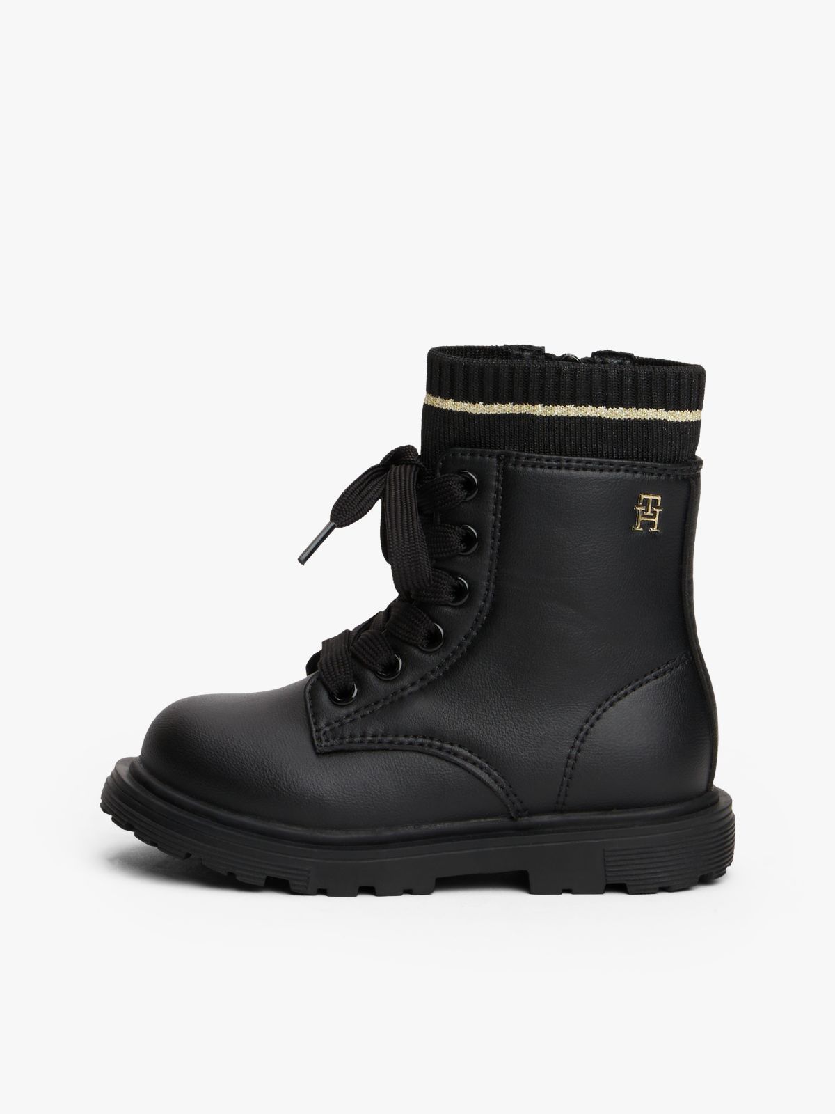 Knit Cuff Cleat Ankle Boots — Black