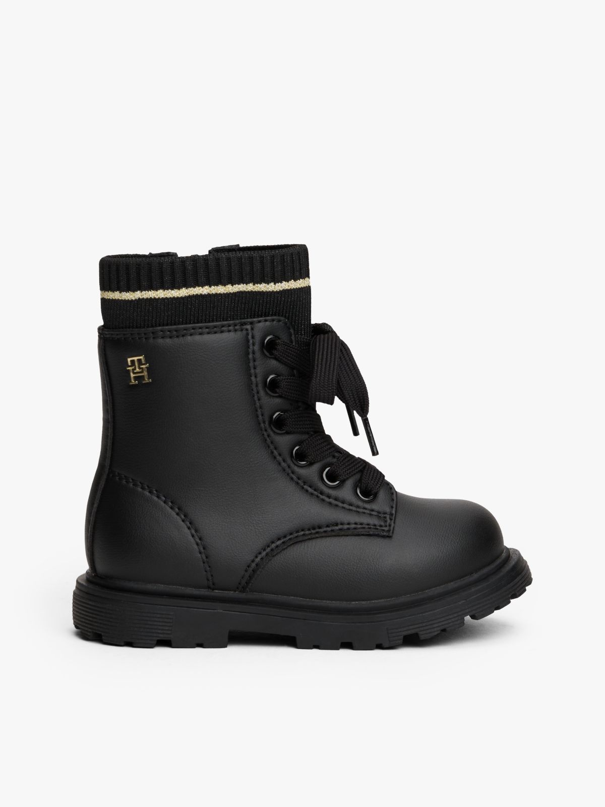 Knit Cuff Cleat Ankle Boots — Black